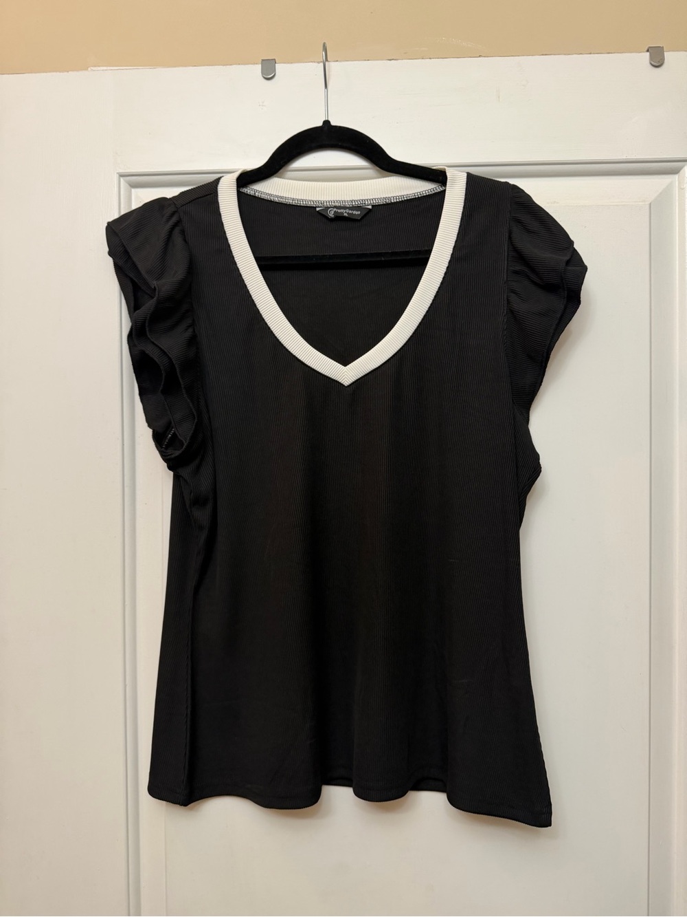 Black V-Neck Ruffle Sleeve Tank with White Trim - Women